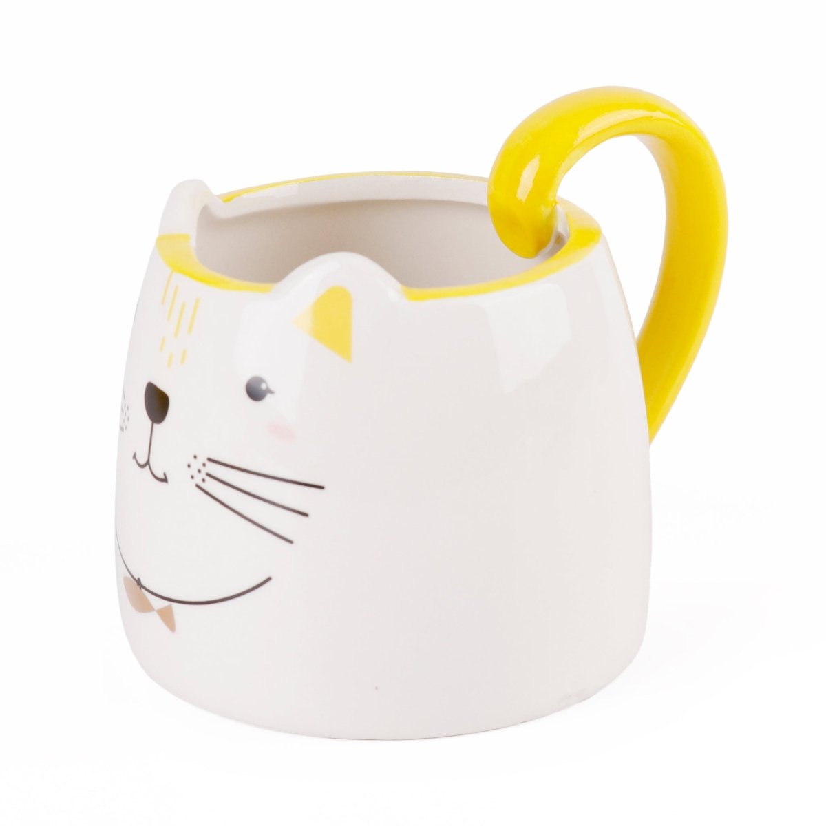 White ceramic cat-face mug with yellow handle, angled side view