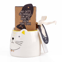 Cat mug set packaging with kraft box and white ceramic cat-face mug, bow ribbon