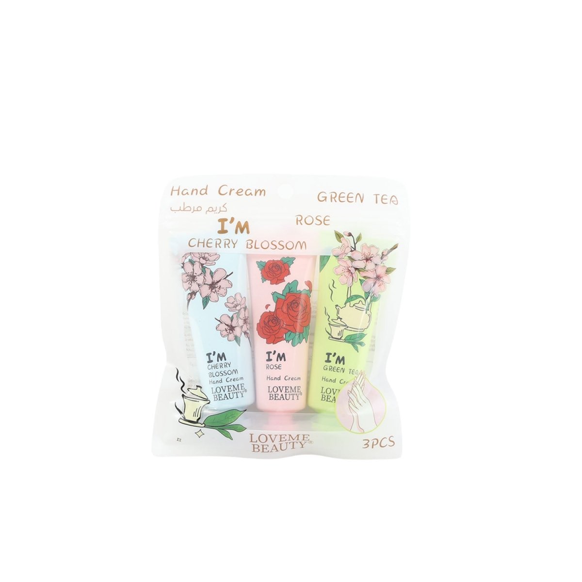 Hand cream set pouch with three floral tubes: Cherry Blossom, Rose, Green Tea