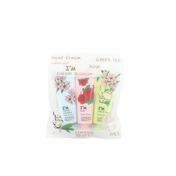 Hand cream set pouch with three floral tubes: Cherry Blossom, Rose, Green Tea