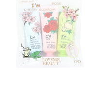 Hand cream set pouch with three floral tubes and floral cup illustration