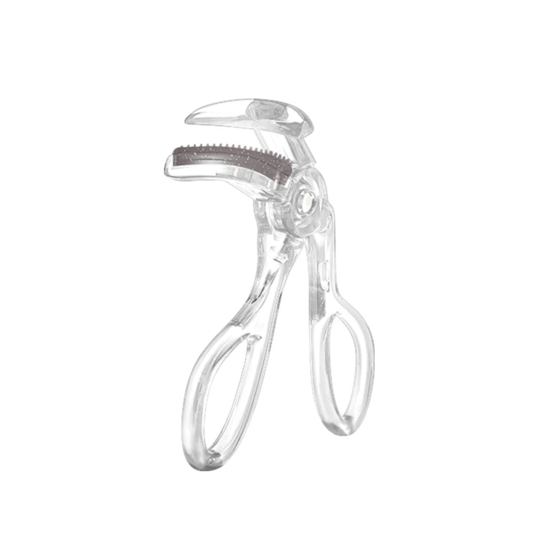 Clear eyelash curler with transparent silver-toned frame and curved handle loops