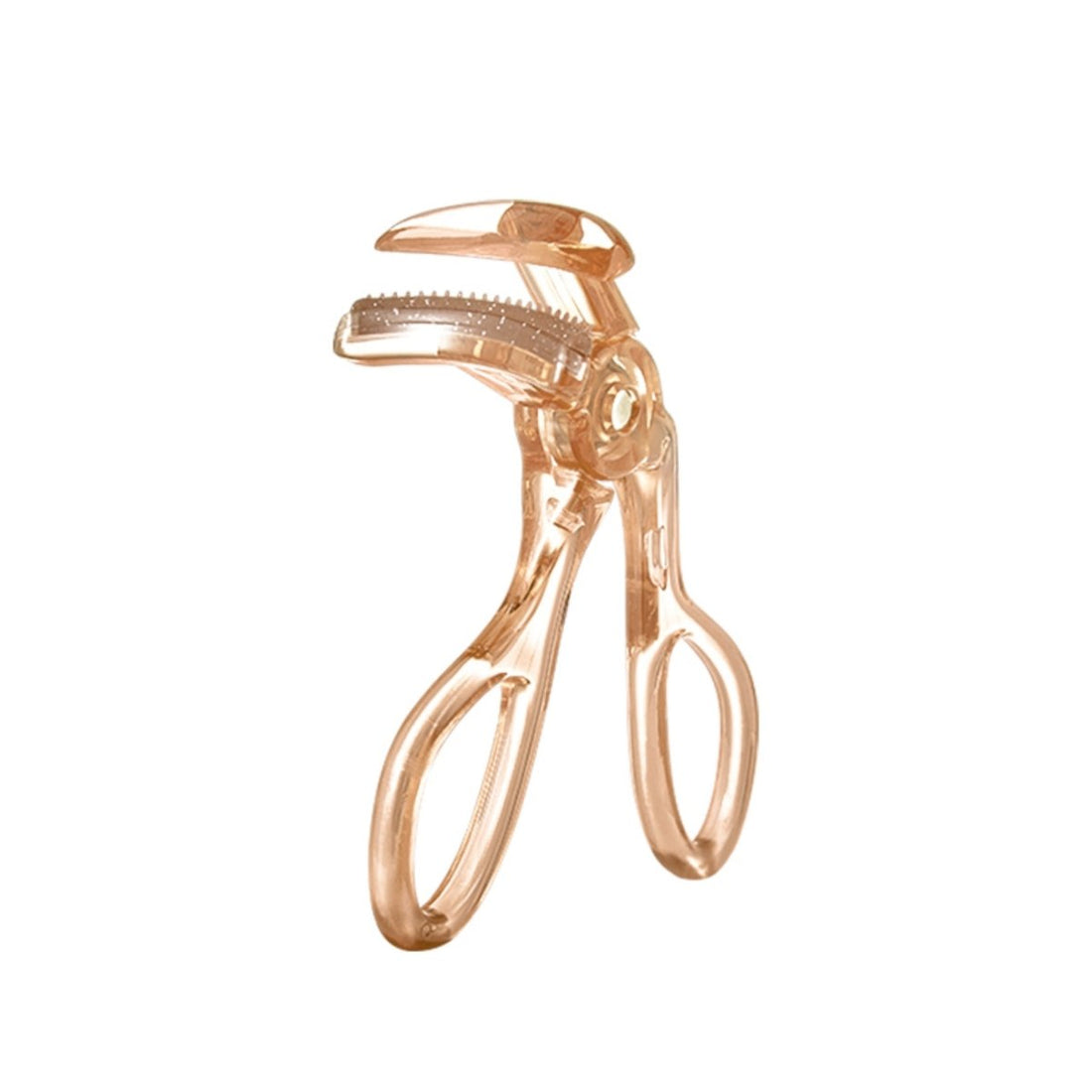 Clear eyelash curler with rose-gold tinted frame and curved handle loops