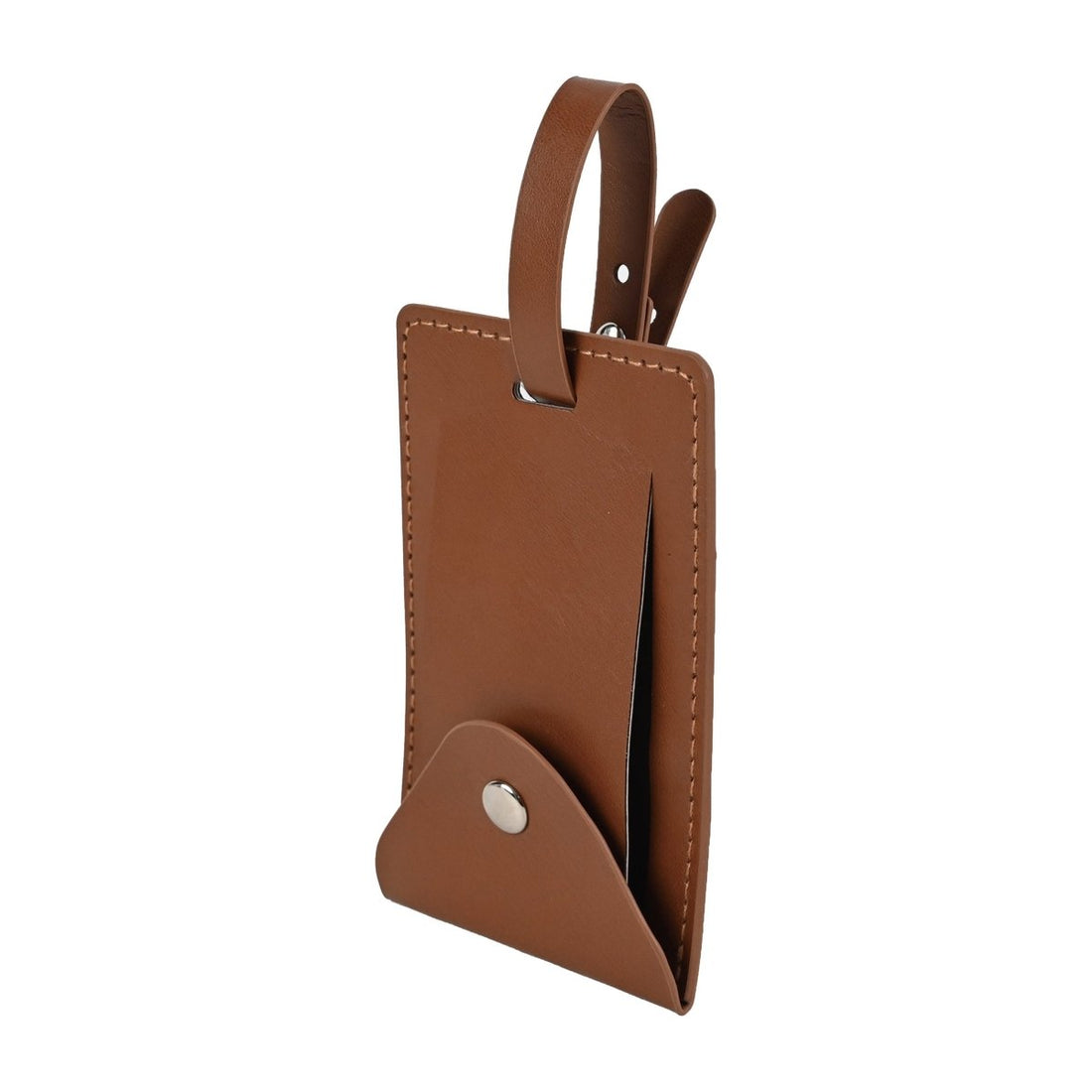 Brown leather luggage tag with top loop and metal snap button detail