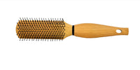 Wooden paddle hair brush with long handle and black-tipped pins across the head