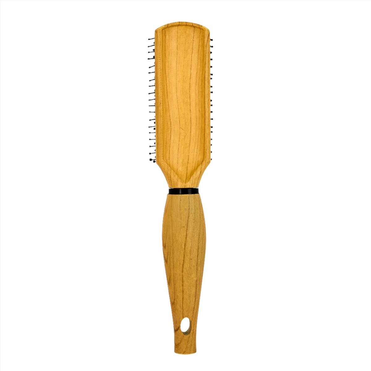 Wooden hair brush with upright bristle pad and slim oval handle with hanging hole