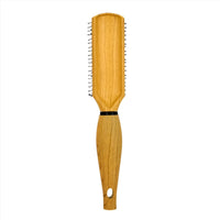 Wooden hair brush with upright bristle pad and slim oval handle with hanging hole