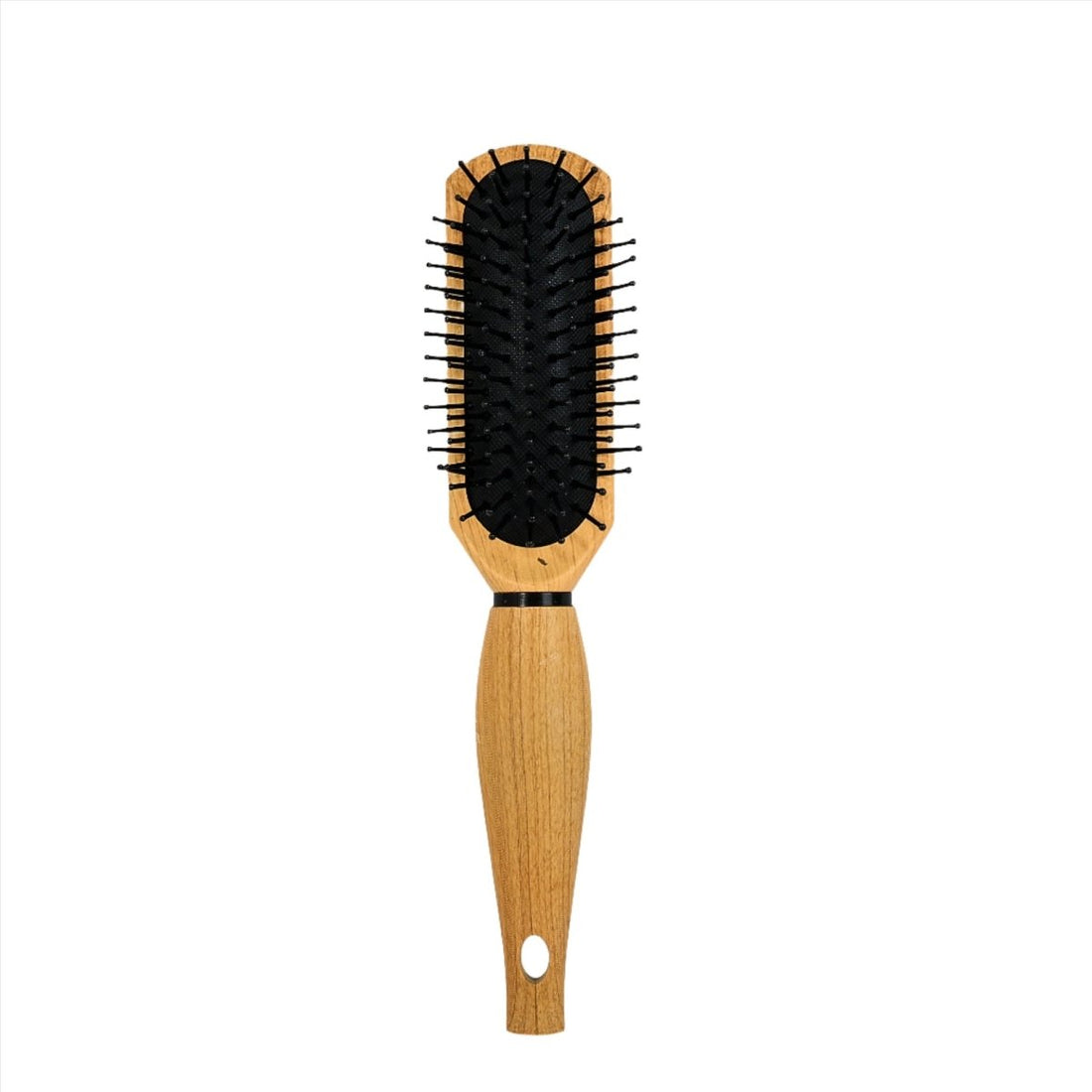 Small wooden hair brush with black bristles and oval cushioned airbag pad