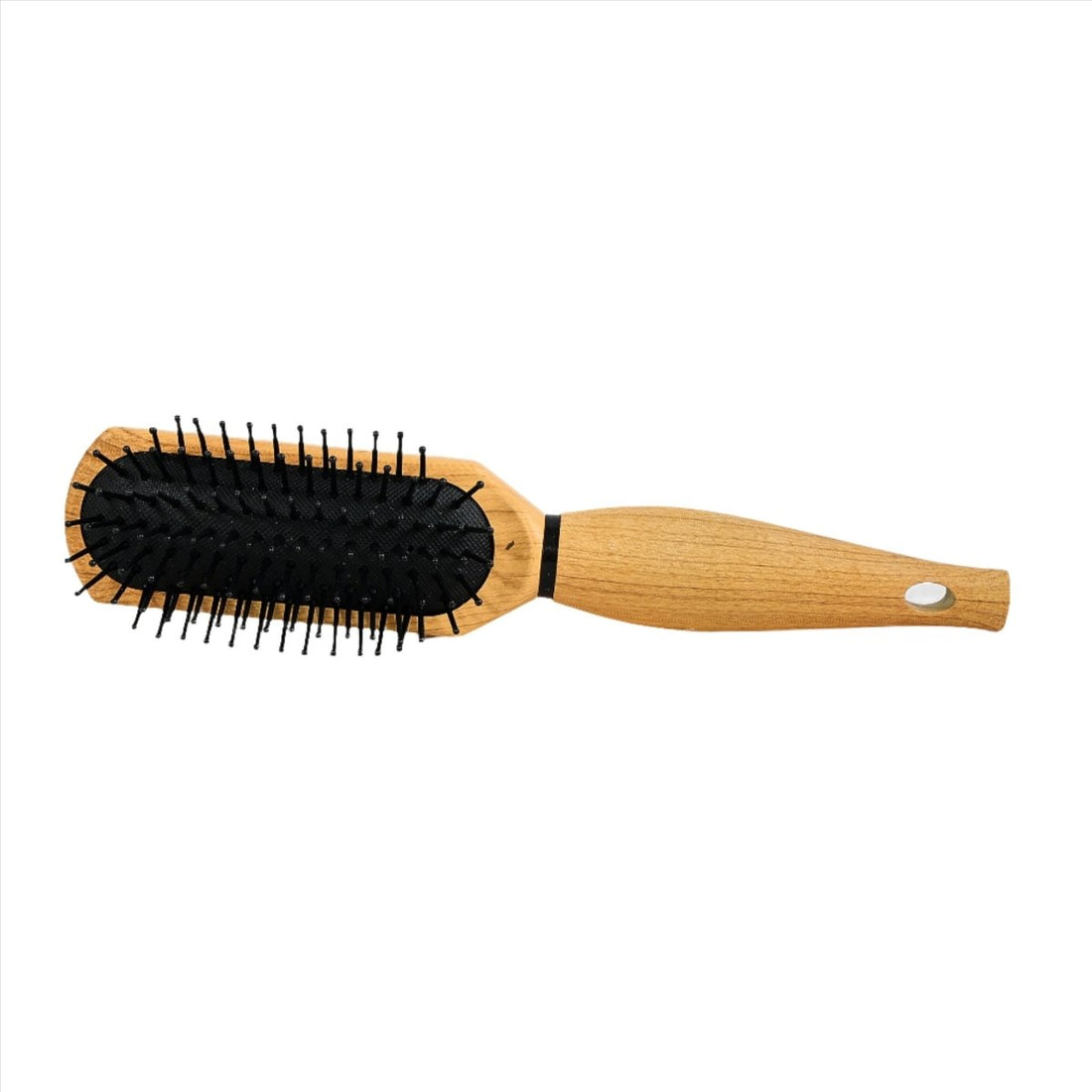 Small wooden hair brush, paddle oval base with black bristles and wooden handle