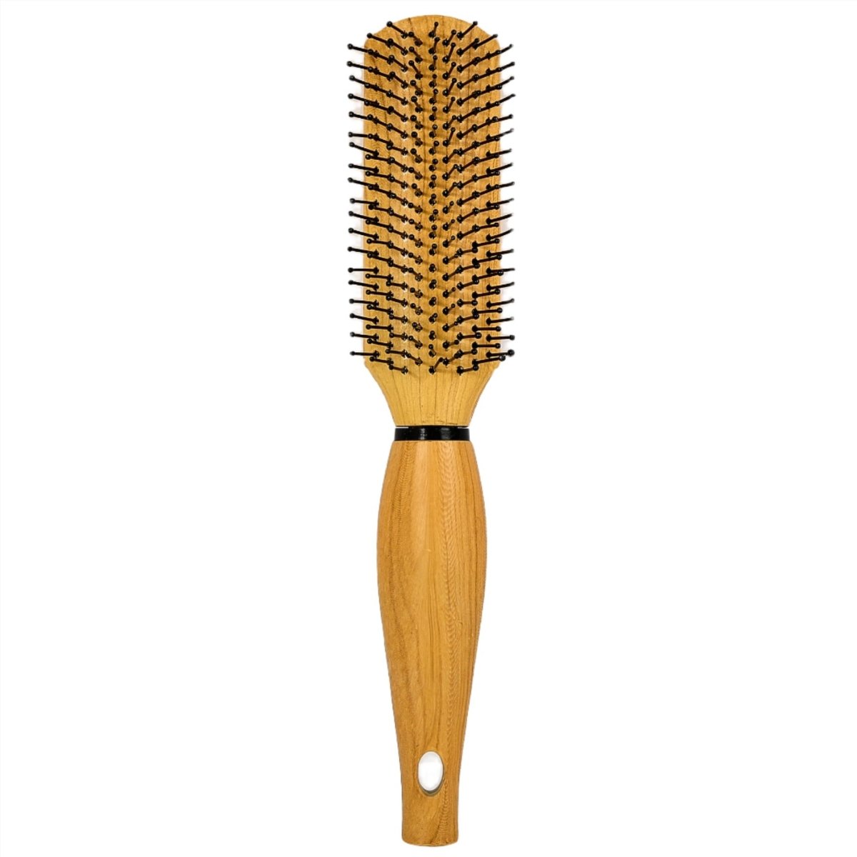 Wooden hair brush with rounded handle and black-tipped bristles for detangling