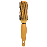 Wooden hair brush with rounded handle and black-tipped bristles for detangling