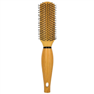 Wooden hair brush with rounded handle and black-tipped bristles for detangling