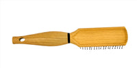 Wooden paddle hair brush with curved handle and bristle underside with black pins