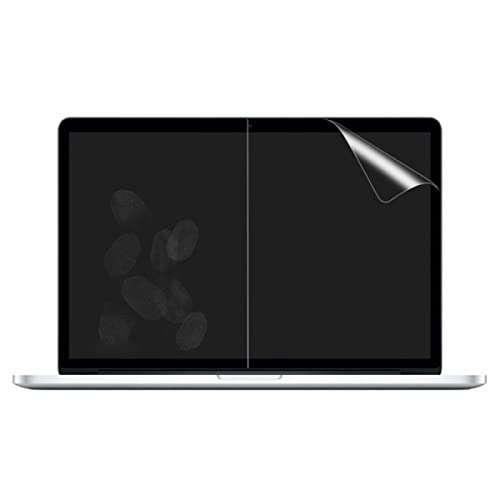 MacBook screen protector film on laptop screen with peel-away corner