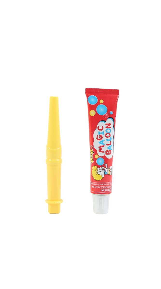 DIY magic balloon kit: red tube and yellow balloon wand, side view