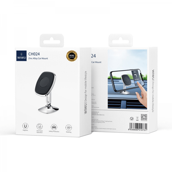 Magnetic car phone mount retail box showing CH024 model and mounting instructions