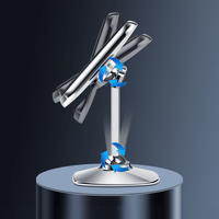 Magnetic car phone mount with rotating arm and base, shown with locking motion arrows
