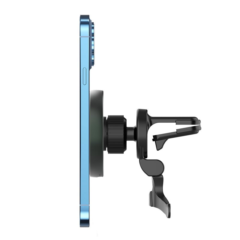 Magnetic wireless charger thin side profile with vent clamp and charging face