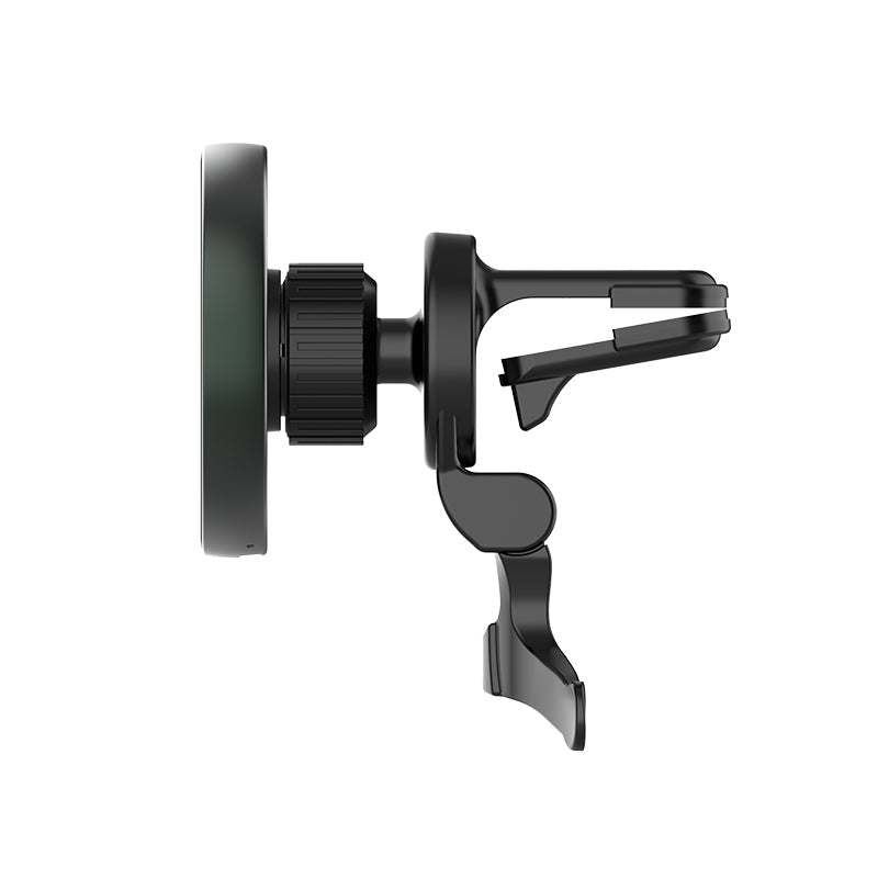 Magnetic wireless charger side view with clamp arm and hinge