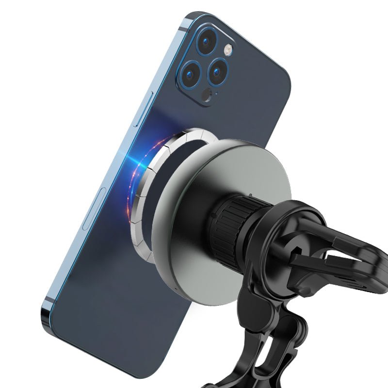 Magnetic wireless charger with circular magnetic pad and phone clamp mount
