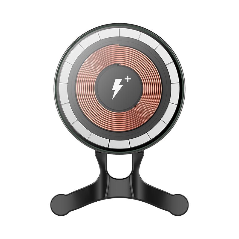 Circular wireless charging pad with copper coil and power symbol