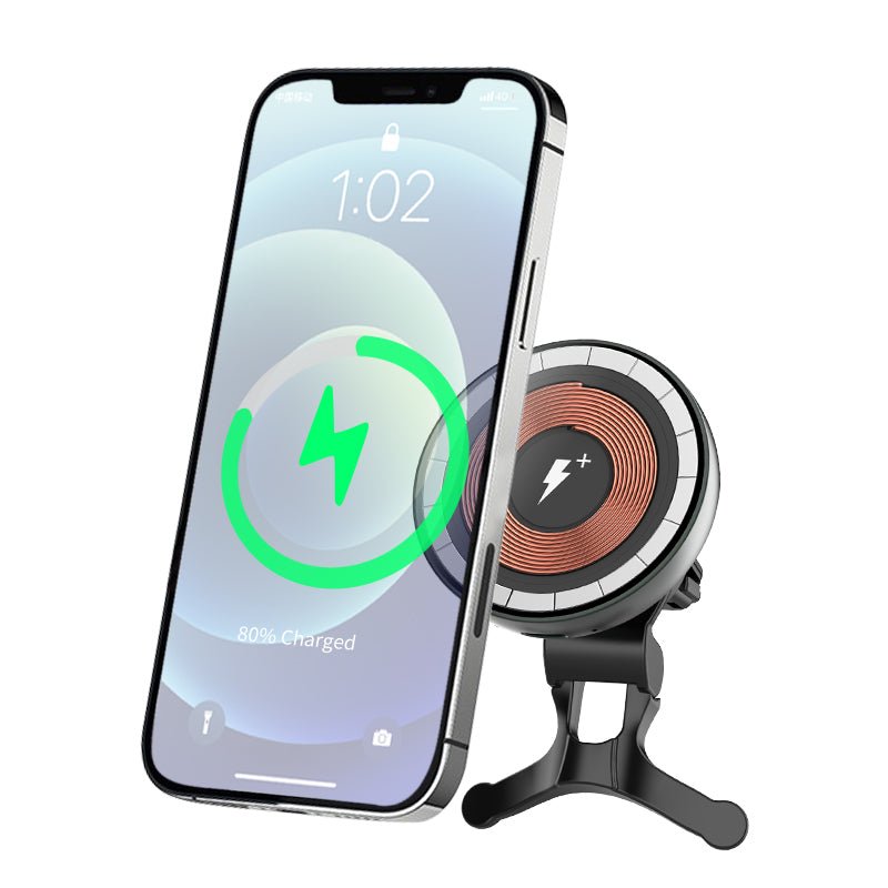Wireless charger with phone showing green charging ring and charging stand