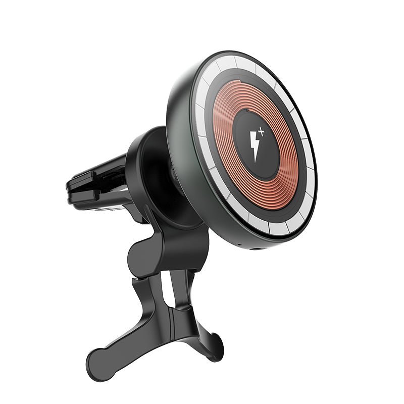 Magnetic wireless charger with circular pad and vent-style car mount
