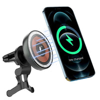 Magnetic wireless car charger mount with glowing green charging icon