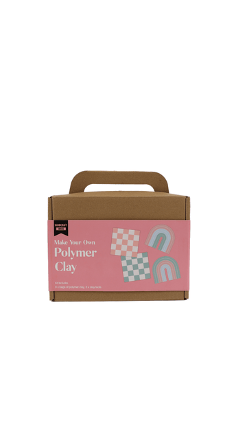 Polymer clay kit box with handle and printed pastel clay rainbow design