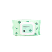 Makeup remover wipes pack with centered label window and aloe leaf pattern