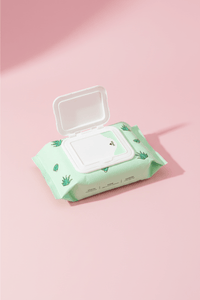 Makeup remover wipes pack with open lid, mint-green aloe leaf pattern