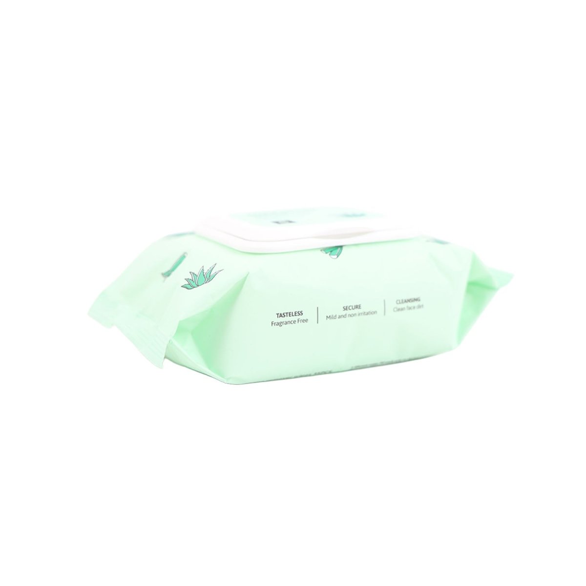Makeup remover wipes pack closed, mint-green with aloe leaf and label text