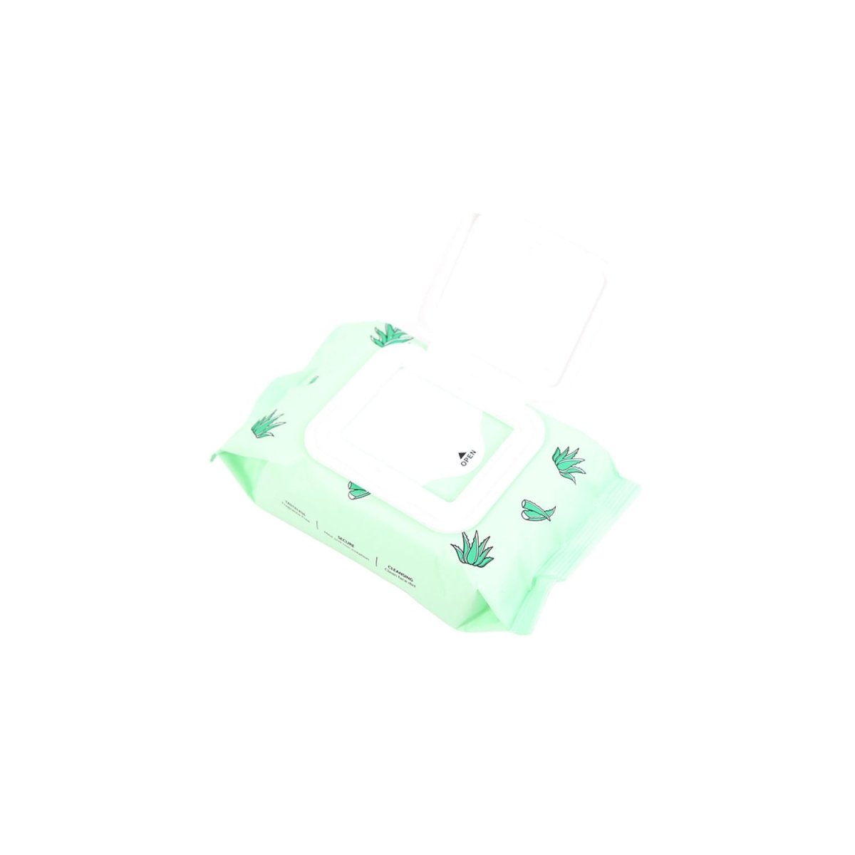 Makeup remover wipes pack with partially open lid, mint-green aloe leaf design