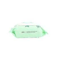 Makeup remover wipes pack back side with paragraph text and aloe leaf motifs