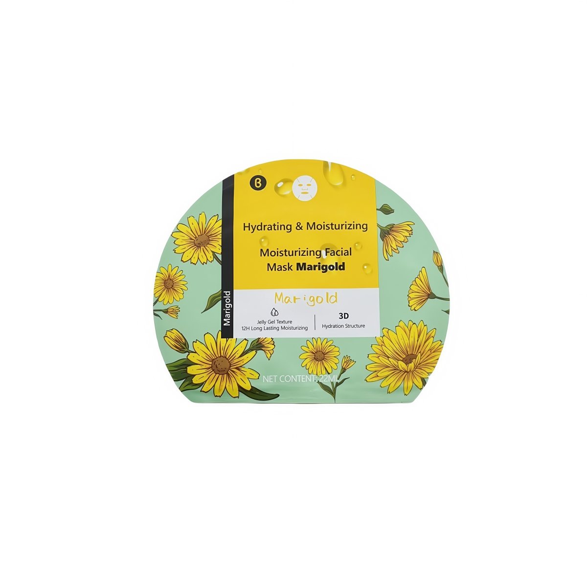 Hydrating facial mask package, front view with marigold flower graphics on green