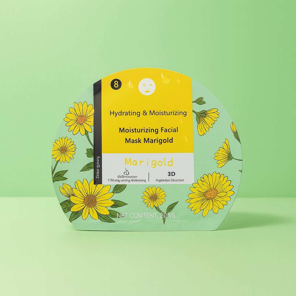 Hydrating facial mask package, green semicircle with yellow top and marigold flowers