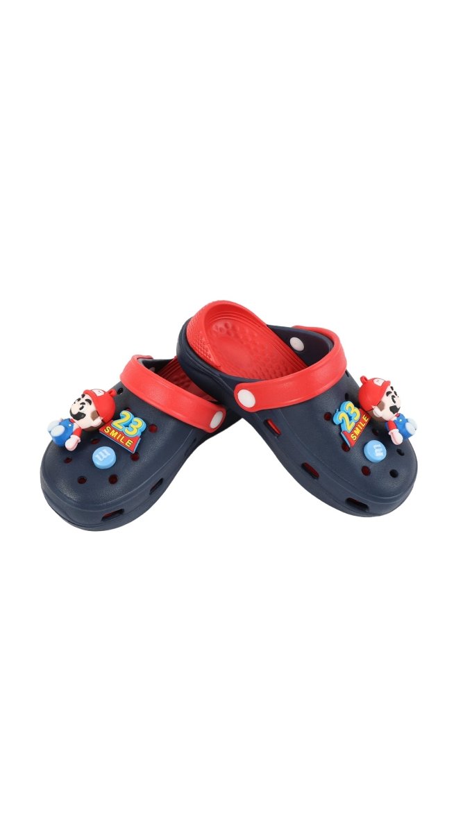 Kids' Mario-themed clogs, navy with red straps and assorted cartoon character appliques