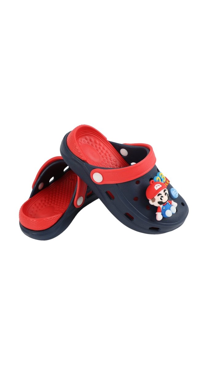 Kids' Mario-themed clogs, navy with red footbed and side character patch details