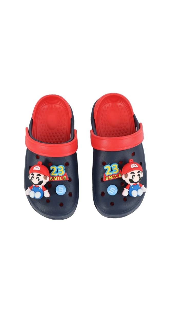 Kids' Mario-themed clogs, dark navy with red strap and cartoon character graphics
