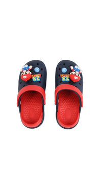 Kids' Mario-themed clogs, dark navy front view with red interior and character decals
