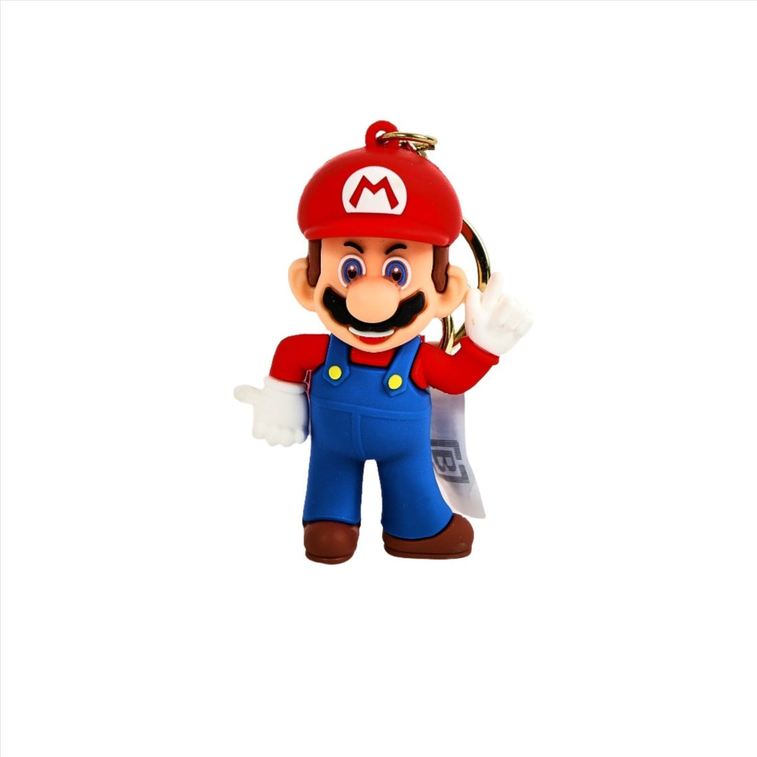 Red Mario PVC keychain with character charm and gold keyring, cartoon outfit