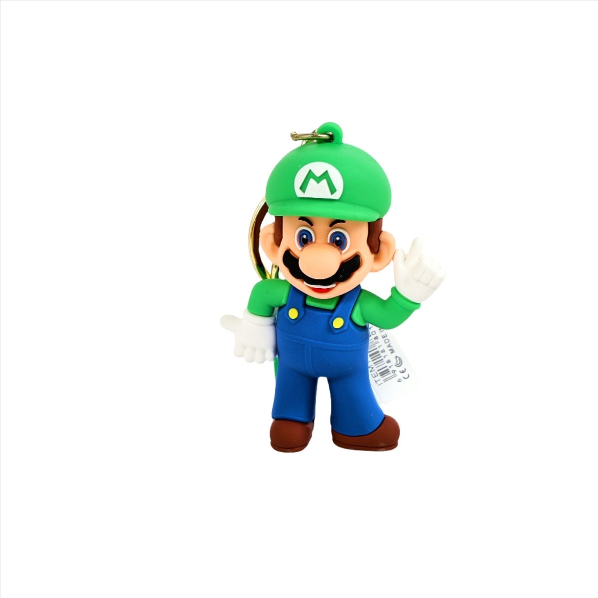 Green Luigi PVC keychain with character charm and gold keyring, cartoon outfit
