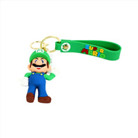 Green wrist-strap keychain with Luigi PVC charm and gold keyring, Super Mario design