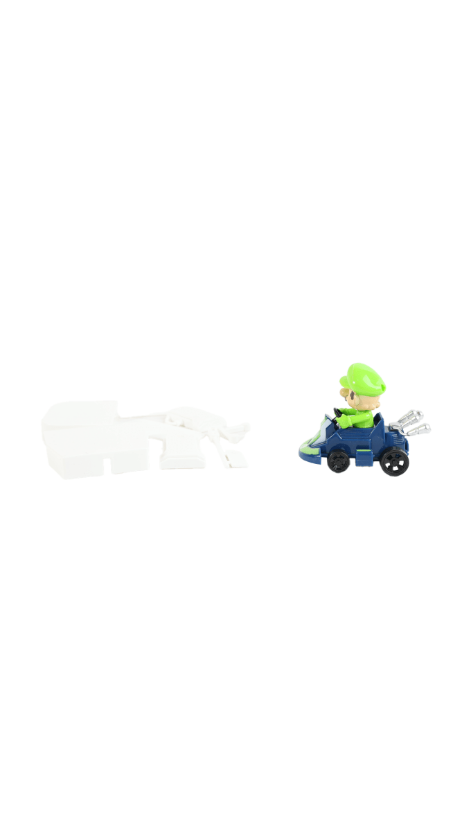 DIY character container set with green figure on blue vehicle and white pieces