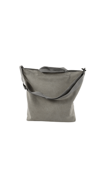 Gray canvas tote bag with open top, top handles, and side buckles.