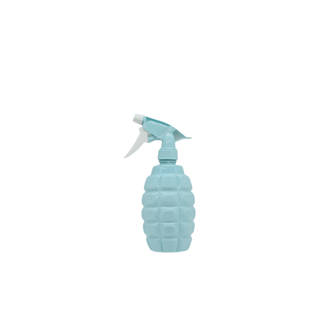 Metal bucket, turquoise trigger spray bottle with textured grenade-style body
