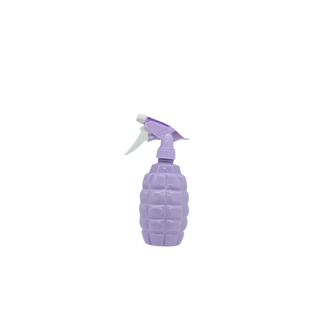 Metal bucket, purple trigger spray bottle with textured grenade-style body