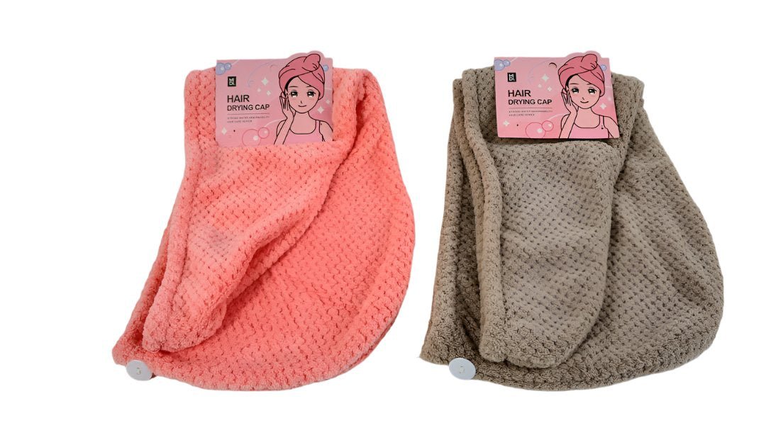 Microfiber hair-drying cap, pink and gray, textured wrap