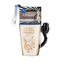 Ceramic karaoke cup with black microphone handle in retail gift packaging with keychain