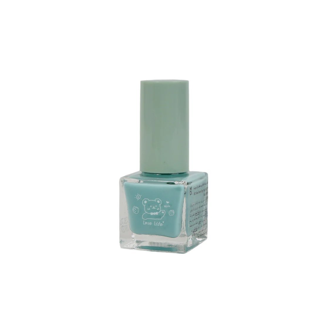 Light blue nail polish bottle with tall cap, front label visible